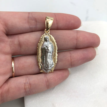 18K Gold Layered Oro Laminado Two Tone Texturized Our Lady of Guadalupe Oval Pendant 31.0095